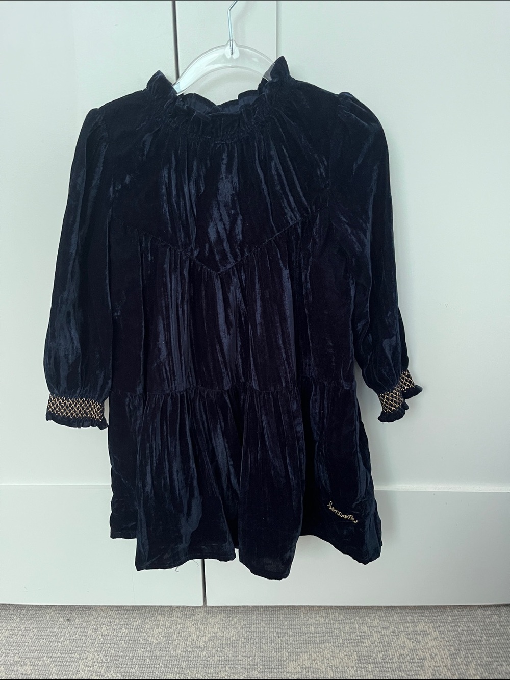 Bonton navy Velvet Long-Sleeve Tiered Dress